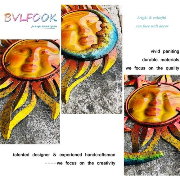 Sun Face Metal Wall Art Decor Outdoor Indoor, Sun Moon Star,Metal &Glass Hanging - Picture 3 of 6